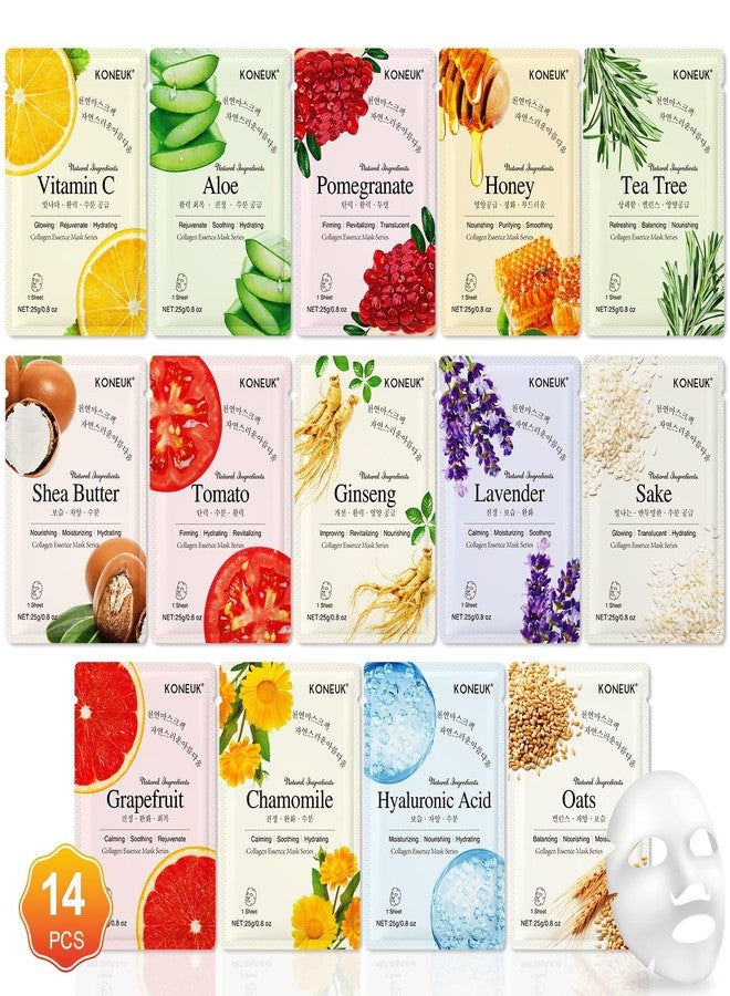 KONEUK 14 Pack Sheet Face Masks Skincare, Hydrating Face Masks Suitable for Dry Skin, Bulk Facial Mask Set for Women Skin Care, Face Mask Gifts Set for Face Spa - Image 1